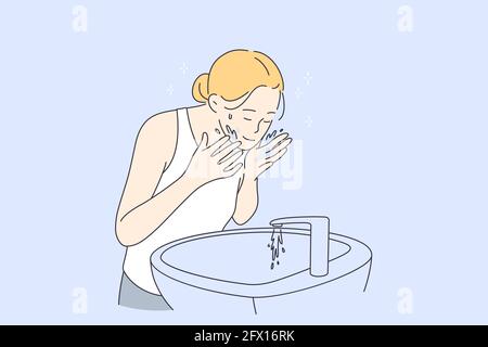 Bellezza, cura della pelle, concetto di cosmetologia. Giovane sorridente bella donna bionda personaggio cartoon in piedi lavando il viso con acqua in mattina trattamento della pelle illustrazione vettoriale Illustrazione Vettoriale