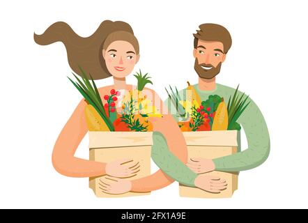 Uomo e donna che comprano frutta e verdura in sacchetti di carta. Felice coppia con i prodotti di veggies. Illustrazione vettoriale con coppia vegana. Concetto di salute Illustrazione Vettoriale