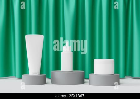 Flacone contagocce, tubo di lozione e vaso crema per prodotti cosmetici o pubblicità su podi grigi con tende verdi, rappresentazione grafica 3d Foto Stock