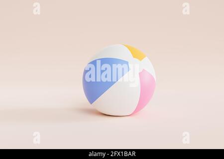 Sfondo beige estivo con palla da spiaggia gonfiabile, rappresentazione minima dell'illustrazione 3d Foto Stock