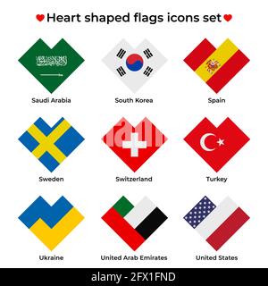 Set di icone di bandiere a forma di cuore. Icona a bandiera a forma di cuore rettangolare semplice. Icona vettore, simbolo, pulsante. Illustrazione in stile piatto Illustrazione Vettoriale