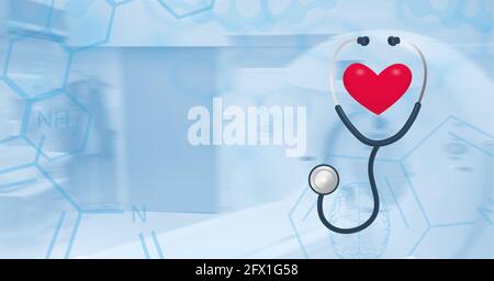 Composizione del cuore, stetoscopio, rete di icone mediche su ospedale Foto Stock
