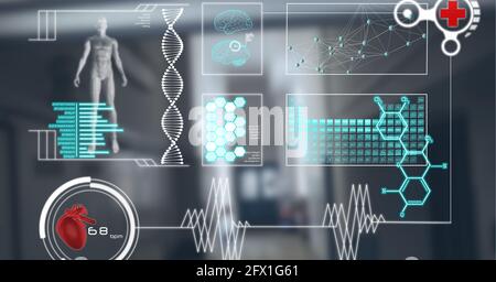 Composizione dello schermo con dati medici e icone sull'ospedale Foto Stock
