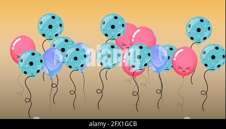 Composizione di palloncini multipli blu e rosa con facce su sfondo giallo Foto Stock