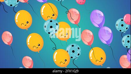 Composizione di palloncini multipli rosa, viola e gialli con facce su sfondo blu Foto Stock