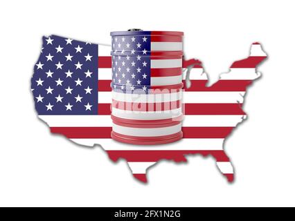 Tamburo a nafta con design a bandiera USA davanti alla silhouette dello stato degli Stati Uniti. Rendering 3D Foto Stock