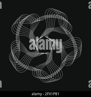 Curve arrotondate chiuse che fanno una ripetizione astratta. Linee bianche su sfondo nero. Elemento vettoriale per la progettazione. Illustrazione Vettoriale