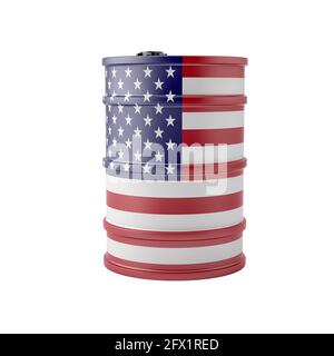 Tamburo a nafta negli Stati Uniti con bandiera nazionale. Isolato su bianco. Rendering 3D Foto Stock