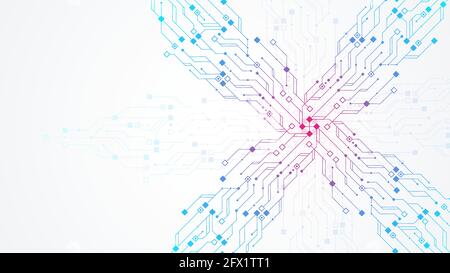 Design di sfondo con tecnologia moderna per la texture della scheda a circuito stampato. Concetti di tecnologie informatiche Quantum, elaborazione di grandi quantità di dati. Futuristico circuito blu Illustrazione Vettoriale