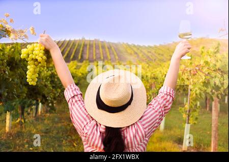 Giovane donna con un bicchiere di vino bianco nei vigneti d'Italia. Spazio libero per il testo. Vigneti Toscana in italia. Foto di alta qualità. Spazio di copia Foto Stock