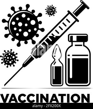 Icona tempo di vaccinazione COVID. Illustrazione vettoriale con siringa, flacone e flaconcino con vaccino e virus. Illustrazione Vettoriale