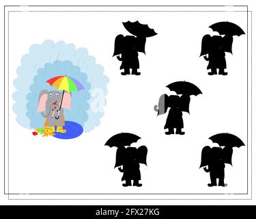 gioco per i bambini trovare l'ombra destra, un simpatico elefante cartoon si erge sotto la pioggia con un ombrello in stivali di gomma. autunno. vettore piatta illustrazione di i Illustrazione Vettoriale