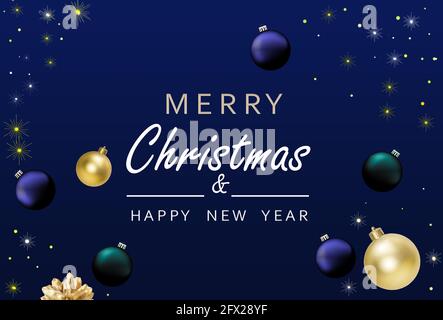 Sfondo di Natale minimo. Design festoso di luci scintillanti blu ghirlanda, palle baubles, fiocchi di neve d'oro. Poster orizzontale xmas, banner, greetin Foto Stock