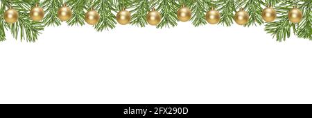 Rami di pino verde di confine di Natale e palle dorate di Natale su sfondo bianco Foto Stock