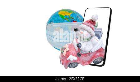 Shopping online, banner Capodanno e Natale pianeta Terra con maschera protettiva e pupazzo di neve, concetto di web page design di shopping via telefono cellulare Foto Stock