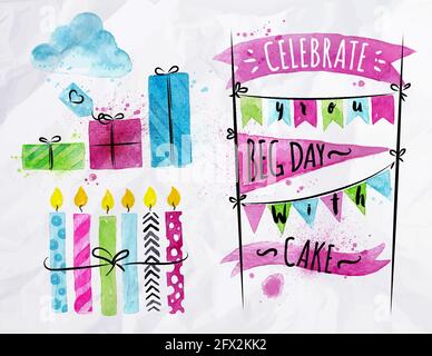 Set di colori ad acqua per il disegno di elementi di compleanno su carta sgualcita Illustrazione Vettoriale