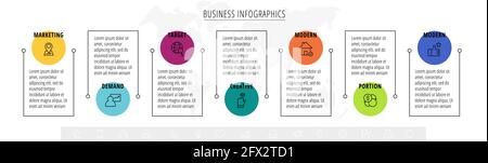 Infografica vettoriale moderna e lineare con cerchi e sette passi. Icone con linee sottili per l'app, il sito Web, l'interfaccia, il grafico, i livelli, web, diagramma Illustrazione Vettoriale