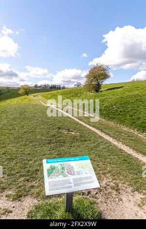 Wharram Percy deserted Medieval Village sul Yorkshire Wolds, North Yorkshire, Inghilterra UK - le abitazioni abbandonate erano sulla collina fino alla risata Foto Stock