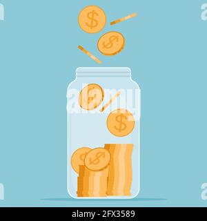 Concetto di risparmio di denaro. Risparmio moneta del dollaro in vaso. Vasetto di denaro. Illustrazione vettoriale in stile piatto Illustrazione Vettoriale