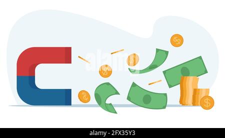 Attrarre denaro, concetto di monete magnetiche, concetto di investimento aziendale, crowdfunding, illustrazione vettoriale piatta Illustrazione Vettoriale