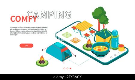 Comfy Camping - moderno banner Web isometrico colorato con spazio di copia per il testo. Vacanze emozionanti all'aperto, avventura, backpacking idea. Attrezzatura escursionistica Illustrazione Vettoriale