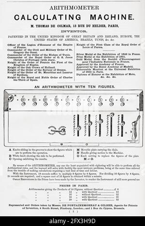 Pubblicità per l'Aritmometro, calcolatrice. Da una breve storia dell'esposizione internazionale del 1862, pubblicato nel 1862. Foto Stock