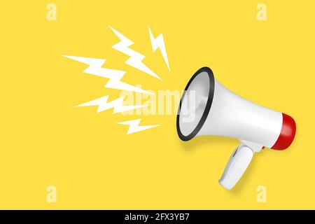 Vettoriale realistico 3d semplice Bianco Megaphone su sfondo giallo. Modello di progetto, banner, Web. Segnale altoparlante. Annuncio, concetto di attenzione Illustrazione Vettoriale