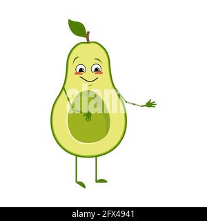 Carino personaggio avocado con emozioni di gioia, volto sorridente, occhi felici, braccia e gambe. Un eroe vegetale malizioso con gli occhi Illustrazione Vettoriale