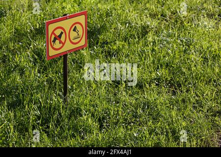 cartello giallo con applicazione chimica, nessun cane o animale domestico sfondo verde del prato - primo piano con messa a fuoco selettiva Foto Stock