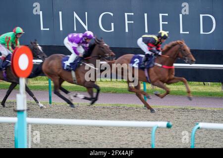 Una visione generale mentre i corridori passano il posto vincente sul primo circuito della Sky Sports Racing HD Virgin 535 handicap al Lingfield Park Racecourse. Data immagine: Martedì 25 maggio 2021. Foto Stock