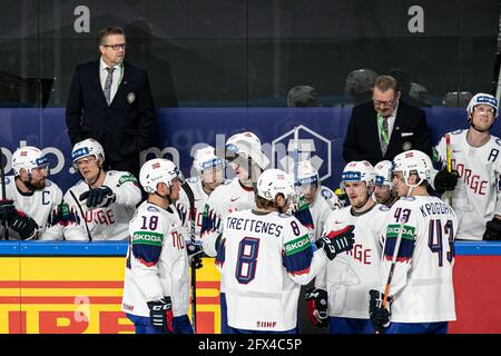 Arena riga, riga, Lettonia, 25 maggio 2021, Team Norvegia Bench durante il Campionato del mondo 2021 - Finlandia vs Norvegia, Hockey su ghiaccio - Foto Andrea Re / LM Foto Stock