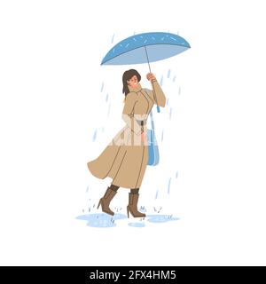 Personaggio cartoon piatto in pioggia, stagione autunnale concetto di illustrazione vettoriale Illustrazione Vettoriale