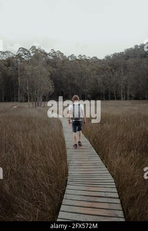 Una passerella in legno si snoda attraverso praterie aperte presso il 'luogo dei Venti' sulla Great North Walk vicino alle acque di Berowra. Foto Stock