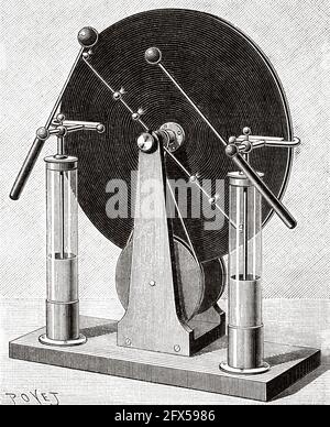 La macchina di influenza Wimshurst è un generatore elettrostatico, una macchina per generare alte tensioni sviluppata tra il 1880 e il 1883 dall'inventore britannico James Wimshurst (1832–1903). Ha un aspetto distintivo con due grandi dischi controrotanti montati su un piano verticale, due barre incrociate con spazzole metalliche, e uno spinterometro formato da due sfere metalliche. Antica illustrazione del XIX secolo incisa da la Nature 1893 Foto Stock