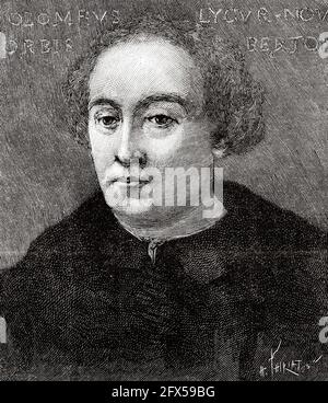 Cristoforo Colombo (1451-1506) esploratore, navigatore e colonizzatore italiano. Antica illustrazione del XIX secolo incisa da la Nature 1893 Foto Stock