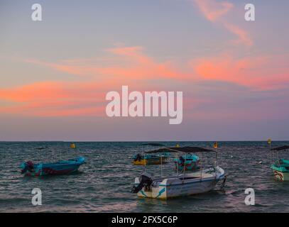 Barche da pesca in mare con nuvole rosa dopo il tramonto, spiaggia di Pasikuda, Kalkudah, Sri Lanka Foto Stock