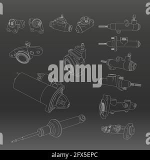 Line Vector auto moto accessori cilindri freno frizione. Riparare l'attrezzatura di servizio. Catalogo del negozio di elementi motore. Simbolo del veicolo d'epoca. Retrò Illustrazione Vettoriale