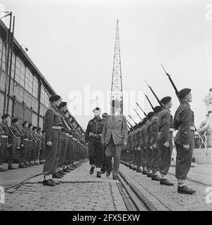 Arrivo dell'inviato inglese Sir Neville Bland alla Lloydskade di Rotterdam. L'inviato ispeziona la guardia d'onore, 25 maggio 1945, diplomatici, militari, Navi, Paesi Bassi, foto agenzia stampa del XX secolo, notizie da ricordare, documentario, fotografia storica 1945-1990, storie visive, Storia umana del XX secolo, che cattura momenti nel tempo Foto Stock