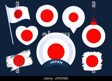 japan flag vector collection. grande insieme di elementi di progettazione di bandiere nazionali in diverse forme per le feste pubbliche e nazionali in stile piatto. Illustrazione Vettoriale