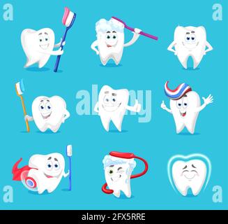 Igiene dentale, denti o cartoni animati denti con pennello e pasta. I denti divertenti vettoriali eseguono uno stile di vita sano, supereroe in mantello rosso con shie Illustrazione Vettoriale