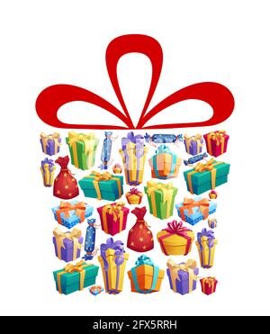 Confezioni regalo e regali, forma vacanza con nastri, pacchetti vettoriali a sorpresa. Regali di Natale e regali di compleanno scatole con i nastri rossi dell'arco in pat Illustrazione Vettoriale