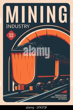 Poster retrò dell'industria mineraria, scheda vintage vettoriale con carrello per miniera su rotaie. Attrezzatura minatore, carrello ferroviario con risorsa minerale fossile. Minecart in Illustrazione Vettoriale