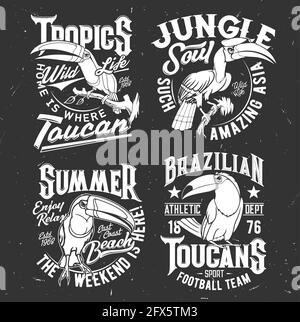 Toucan uccello t-shirt retro modello di stampa. Squadra di calcio, fauna tropicale e abbigliamento sportivo estivo stampa vettoriale personalizzata con mascotte di animali, gr Illustrazione Vettoriale