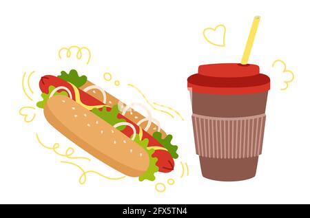 Set di fumetti da asporto e hot dog fast food. Hodle colore disegnato a mano hotdog e caffè tazza per andare segno. Menu carta artigianale delizioso fast food, bevanda tazza gustoso pranzo malsano. Illustrazione vettoriale Illustrazione Vettoriale