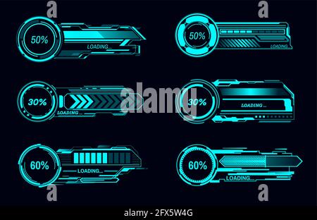 HUD futuristico vettore di caricamento barre Sci Fi gioco interfaccia utente tecnologia. Avanzamento del caricamento digitale o barre di stato dell'interfaccia digitale del display head-up Illustrazione Vettoriale