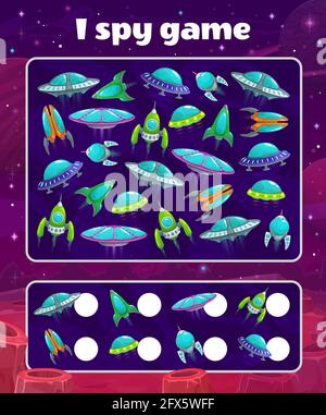 Gioco spia con astronavi, capretti vettore indovinello con cartoon navi spaziali e ufo piattini sulla superficie del pianeta alieno con crateri. Quanti razzi childre Illustrazione Vettoriale
