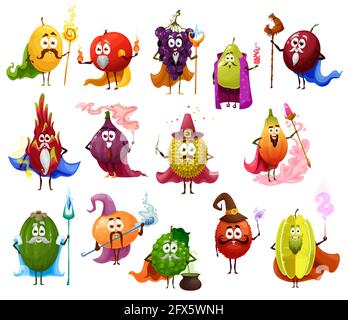 Simpatici mago di frutta e personaggi di cartoni animati magici. Melone, uva e pennacchio con scettro, pesca e bergamotto, pera o guava con fiamma incantata, durian, Illustrazione Vettoriale