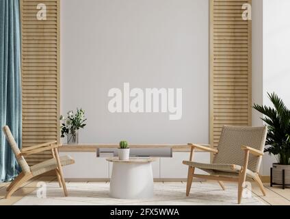 Armadio e parete per tv in soggiorno con due Poltrona, parete bianca mockup, rendering 3D Foto Stock