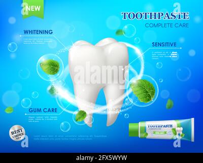 Dentifricio alla menta, sbiancamento dei denti, cura delle gengive e pulizia poster vettoriale con dente bianco sano, foglie di menta e tubo con pasta. Cura dentale p Illustrazione Vettoriale