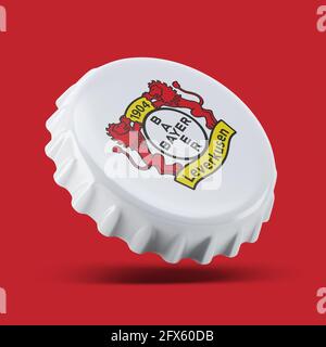 Madrid , SPAGNA - 25 maggio 2021: Bayer Leverkusen 3D rendere realistico il logo del tappo del flacone su bianco, editoriale illustrativo Foto Stock